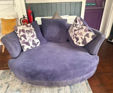 DFS Purple cuddle chair corner lounger sofa armchair corduroy + pillows