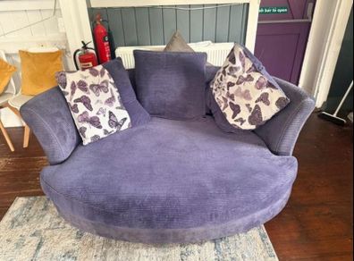DFS Purple cuddle chair corner lounger sofa armchair corduroy + pillows