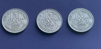 Fine grade 3 Scottish 1 one shilling coins 1948 George VI