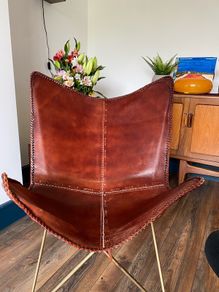 Vintage Leather Butterfly Chair, Tan/Brown Leather and Brass Frame
