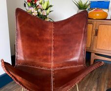 Vintage Leather Butterfly Chair, Tan/Brown Leather and Brass Frame