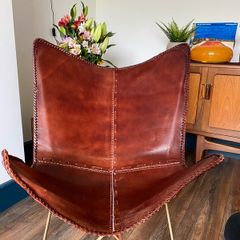 Vintage Leather Butterfly Chair, Tan/Brown Leather and Brass Frame