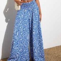 Wide Leg Blue Abstract Design Trousers