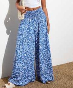 Wide Leg Blue Abstract Design Trousers
