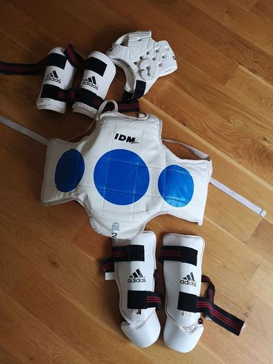 Taekwando protective gear - child. Arm guards, shin and foot guards, chest guard and head gear.