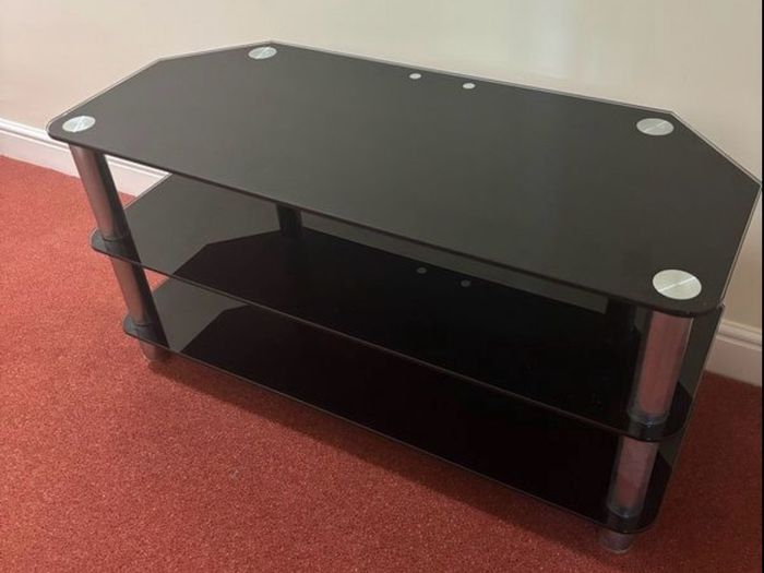 tv stand black glass and chrome  3 glass shelves.42 inches in height and 20 inches in length