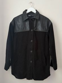 ZARA Black Cord Faux Leather Detail Shirt Jacket With Pockets Size Xs!