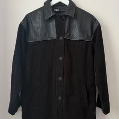 ZARA Black Cord Faux Leather Detail Shirt Jacket With Pockets Size Xs!