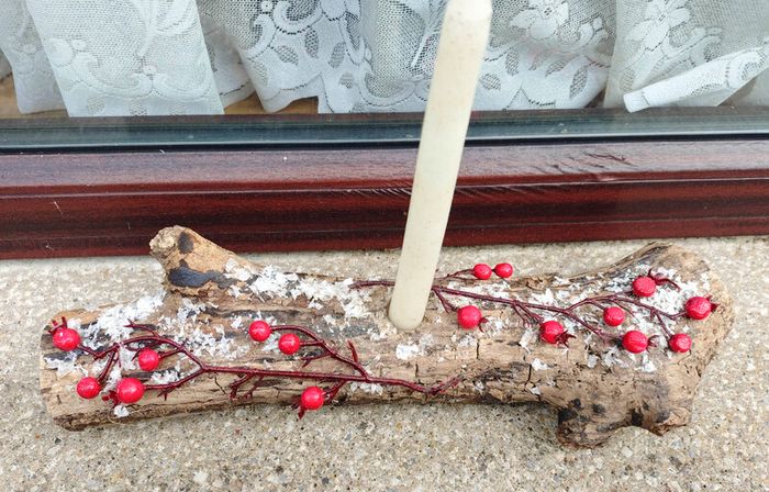 Lovely Timber Log Candle Holder With Candle.