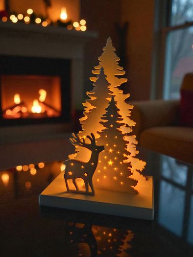 Light-up wooden Christmas tree and reindeer ornament
