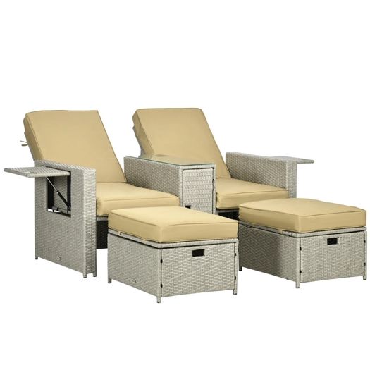 5PC PE Rattan Sun Lounger - Outdoor Wicker 5-Level Adjustable Recliner Sofa Bed with Storage Side Table and Footstools, for Patio, Garden, Poolside, Beige