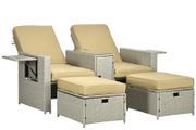 5PC PE Rattan Sun Lounger - Outdoor Wicker 5-Level Adjustable Recliner Sofa Bed with Storage Side Table and Footstools, for Patio, Garden, Poolside, Beige