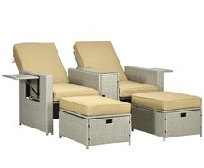 5PC PE Rattan Sun Lounger - Outdoor Wicker 5-Level Adjustable Recliner Sofa Bed with Storage Side Table and Footstools, for Patio, Garden, Poolside, Beige