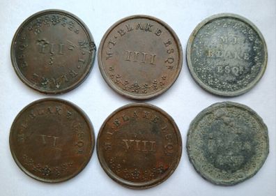 6 M.J. Blake Esq Truck tokens Galway and 1 I. Fortune & Co Token Galway