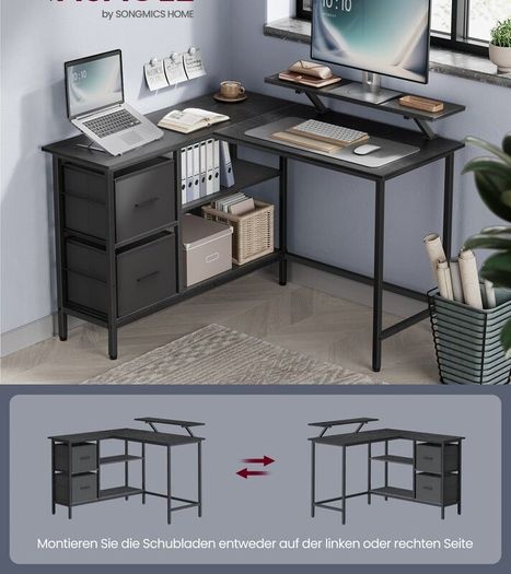L-shaped desk with monitor stand and shelf