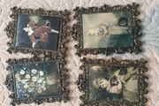 Set of 4 Vintage Italian Ornate Brass Frames with Classic Prints
