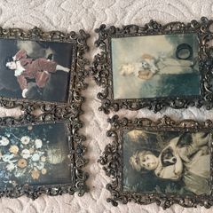 Set of 4 Vintage Italian Ornate Brass Frames with Classic Prints