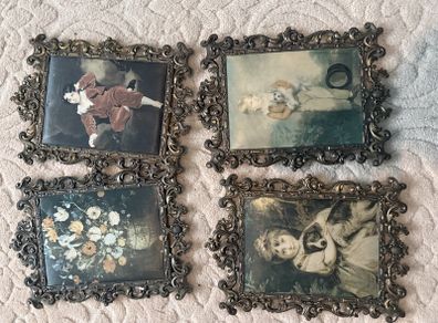 Set of 4 Vintage Italian Ornate Brass Frames with Classic Prints