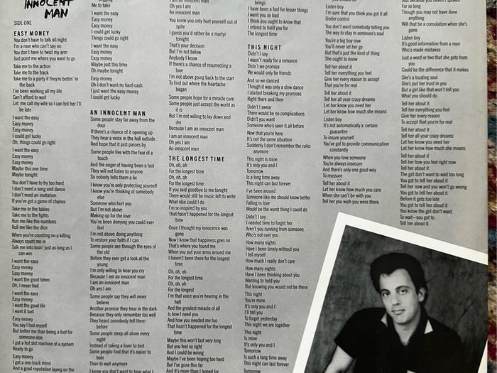 Billy Joel. Original 1983 release of An innocent man. Vinyl outer sleeve and inner lyrics sleeve in vg + condition
