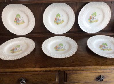 Vintage 1930s Alfred Meakin Crinoline Lady 10 inch dinner plates x6