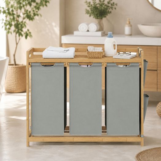 Bamboo Laundry Sorter with 3 Removable Bags and Storage Shelf 150L
