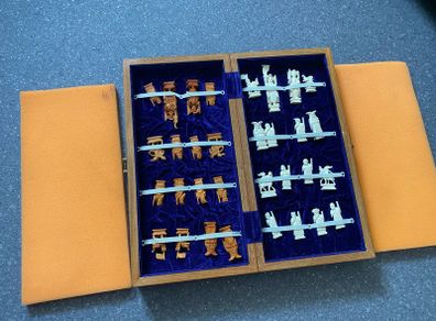 Vintage Chinese Bone Hand Carved Ivory Chess Set Hong Kong 1960s