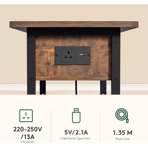 Side Table with Charging Station, Small Flip Top Narrow Sofa End Table with USB Ports, Type C Ports and Outlets, with Storage, 3-Tier, for Living Room, Bedroom, Brown
