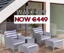 5 Pcs PE Rattan Garden Furniture Set, 2 Armchairs 2 Stools Glass Top Table Cushions Wicker Weave Chairs Outdoor Seating