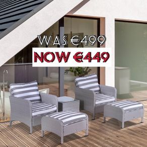 5 Pcs PE Rattan Garden Furniture Set, 2 Armchairs 2 Stools Glass Top Table Cushions Wicker Weave Chairs Outdoor Seating