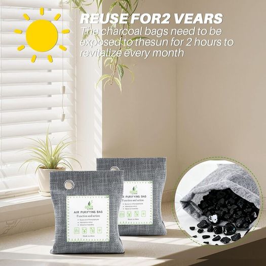 2 Pack Bamboo Charcoal Air Purifying Bags, Activated Charcoal Bags Removes Odors and Moisture, Odor Eliminator for Home, Car, Pets, Bathroom, Basement