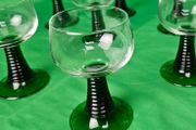 Set of eight antique Luminarc France glasses with green, ribbed stems