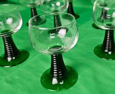 Set of eight antique Luminarc France glasses with green, ribbed stems