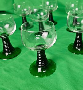 Set of eight antique Luminarc France glasses with green, ribbed stems