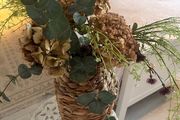 Seagrass vase with greenery &amp; 2  beaded hurricane lamps