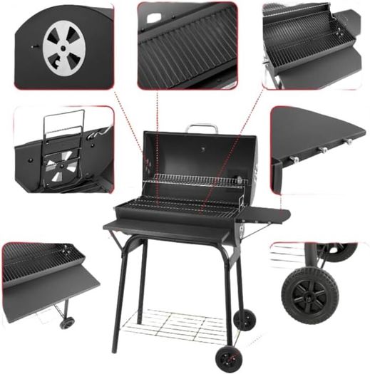 BBQ Grill Smoker With Side Shelves, Barbecue Garden Grill with Temperature Gauge, Outdoor Oil Drum Camping Barbeque Charcoal BBQ Barrel