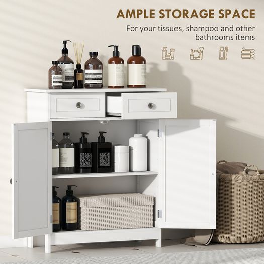 Freestanding Bathroom Storage Cabinet Unit w/ 2 Drawers Cupboard Adjustable Shelf Metal Handles Traditional Style White