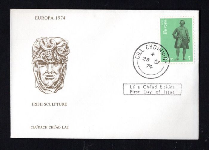 1974 Ireland Europa Sculptures 7p (Edmund Burke) Commemorative Stamp First Day Cover (FDC) with Cill Choinnigh (Kilkenny) cancel