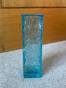 Vintage Turquoise Blue Glass Bark Textured Vase