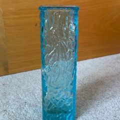 Vintage Turquoise Blue Glass Bark Textured Vase