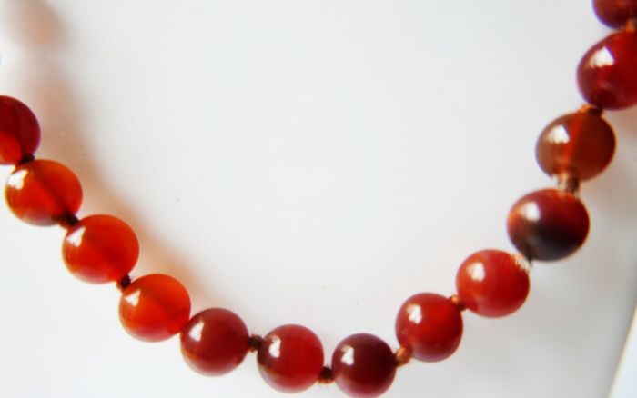 Vintage Natural Red Carnelian Agate Bead Necklace strung on a silk cord length 20"