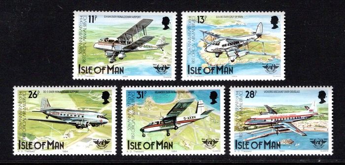 1984 Isle of Man 50th Anniversary of First Official Airmail to the Isle of Man and 40th Anniversary of international Civil Aviation Organisation Commemorative Stamp Mint Never Hinged (MNH)