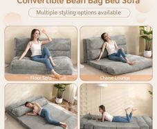 Bean Bag Bed Folding Sofa Bed Mattress for Adults, Extra Thick 6 Fold Floor Couch for Bedroom Living Room, Gray, 135x240 cm