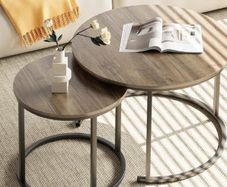 Round Coffee Tables, Set of 2 End Table, Nesting Tables, Side Table with Metal Frame for Living Room/Bedroom/Balcony/Office/Apartment, Diameter 23.6/15.7 IN (Black Frame, Oak Top