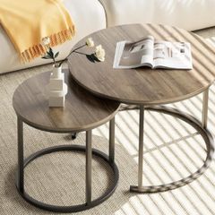 Round Coffee Tables, Set of 2 End Table, Nesting Tables, Side Table with Metal Frame for Living Room/Bedroom/Balcony/Office/Apartment, Diameter 23.6/15.7 IN (Black Frame, Oak Top