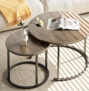 Round Coffee Tables, Set of 2 End Table, Nesting Tables, Side Table with Metal Frame for Living Room/Bedroom/Balcony/Office/Apartment, Diameter 23.6/15.7 IN (Black Frame, Oak Top