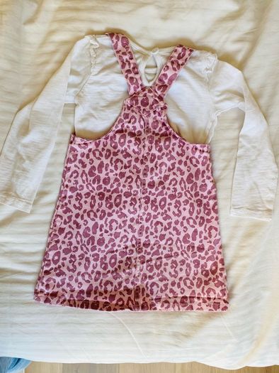Pink leopard pinafore with white long sleeved top 2-3