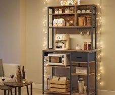 Kitchen Shelf with Sockets Baking Rack Adjustable Shelves Fabric Drawer 12 Hooks Kitchen Rustic Brown