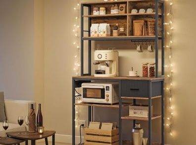 Kitchen Shelf with Sockets Baking Rack Adjustable Shelves Fabric Drawer 12 Hooks Kitchen Rustic Brown