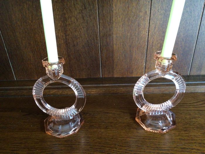 Rare Vintage Art Deco Peach Glass Circular Candle Holders