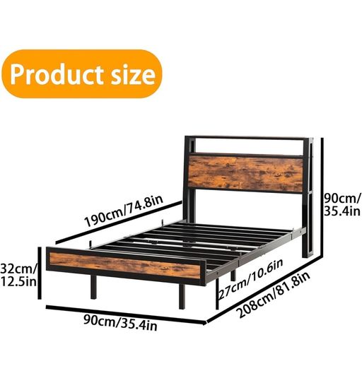 Single Bed Frame with Charging Station and LED Lights, Wood Headboard